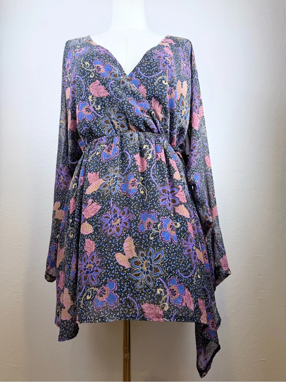 Free People Navy Floral Print Tunic with Lavender & Blush Accents